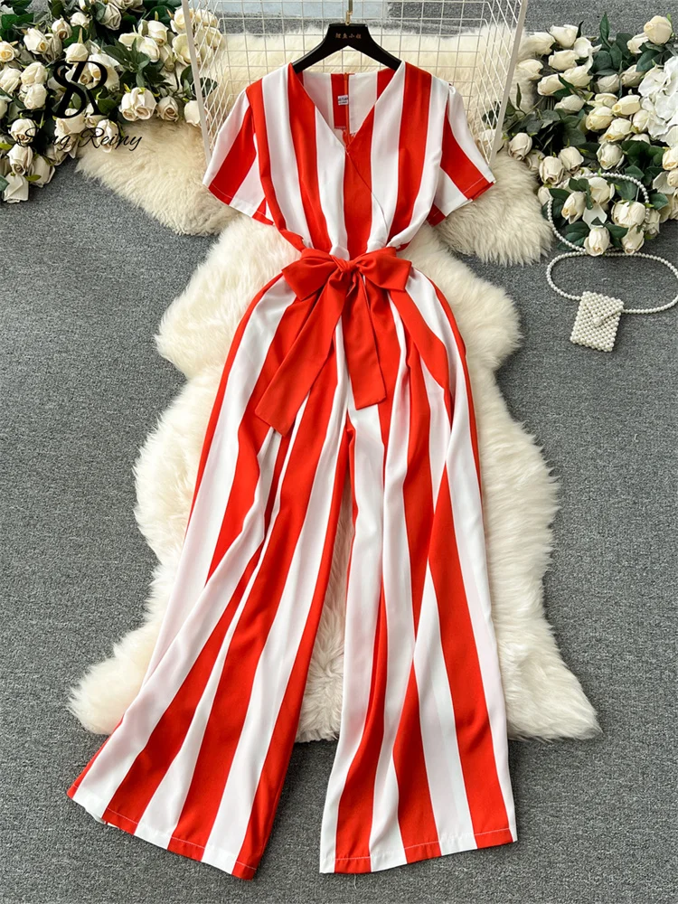 SINGREINY American Women Jumpsuits Fashion V Neck Lace up Loose Wide Legs Pants 2024 New Design OL Color Block Stripe Bodysuits