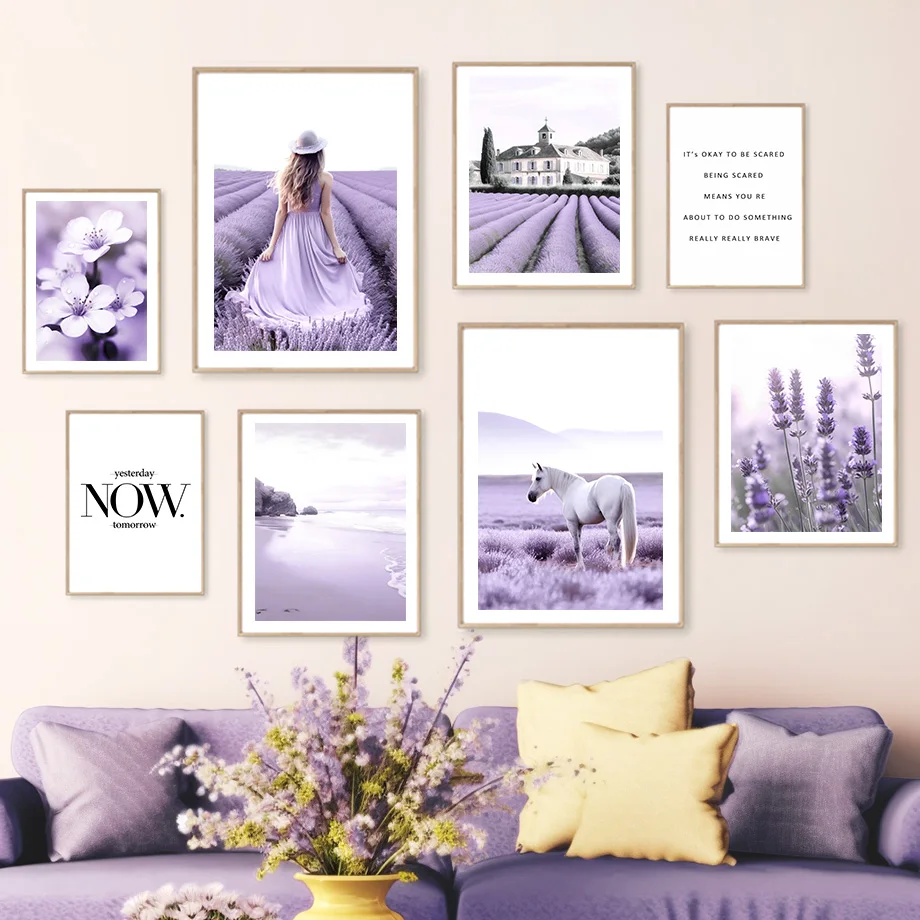 

Purple Lavender Flower Ocean Woman Horse Quotes Wall Art Canvas Painting Landscape Poster Prints Picture For Interior Home Decor