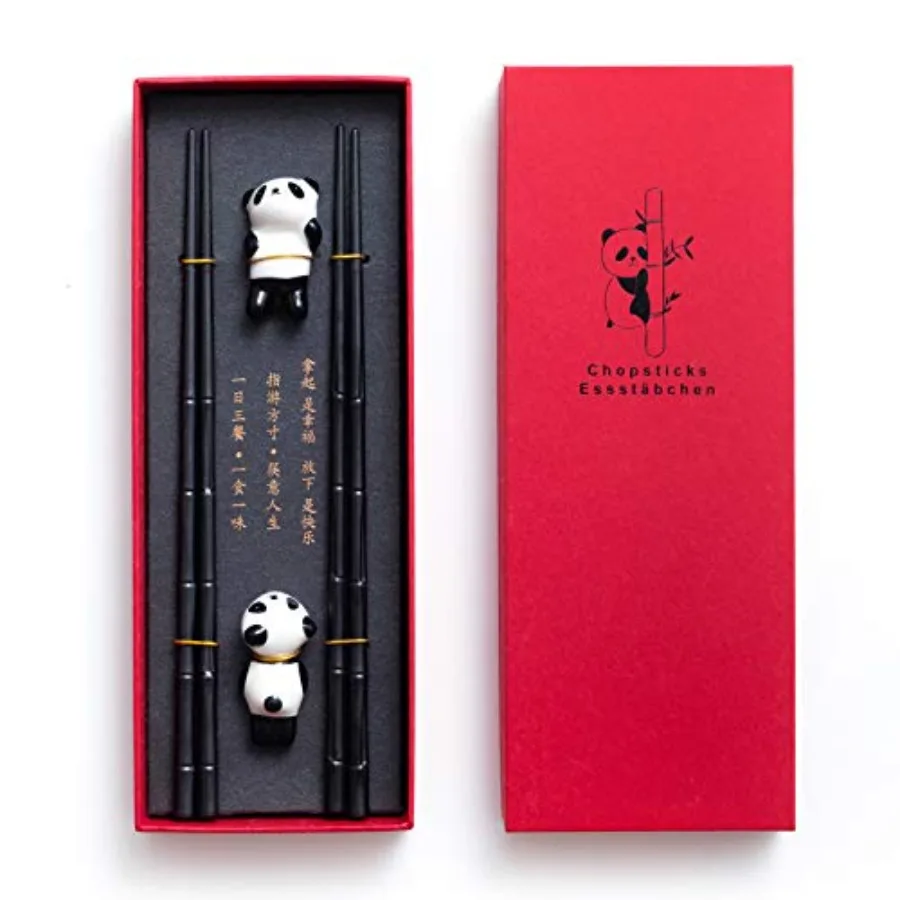 2 Pairs Chopsticks and Chopstick Rest Gift Set- Dishwasher Safe Reusable Fiber Glass Chopsticks + Porcelain Cute Panda Chopstic