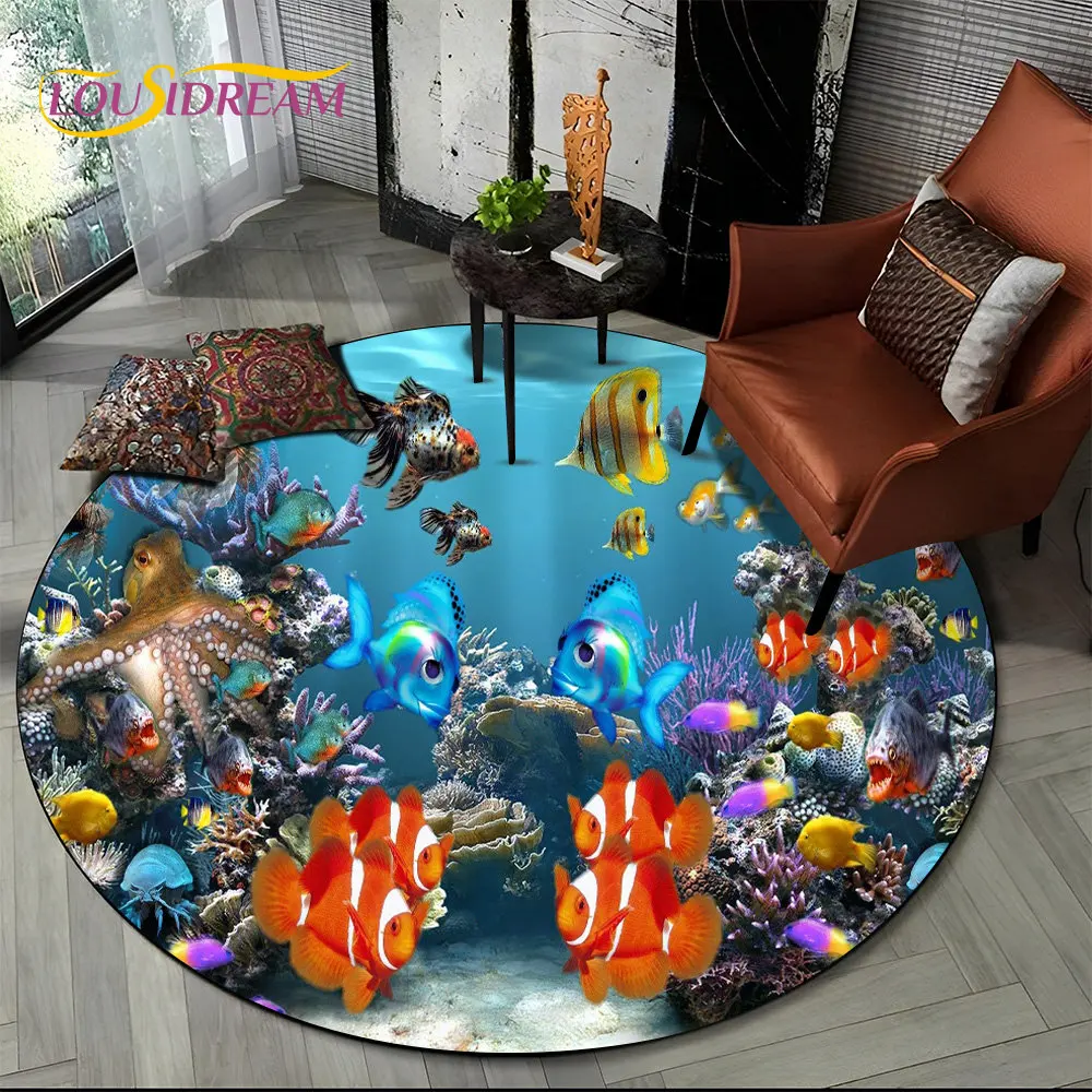 3D Seabed Underwater World Dolphin Turtle Round Area Rug,Carpet for Living Room Bedroom Sofa Playroom Decor,Non-slip Floor Mat