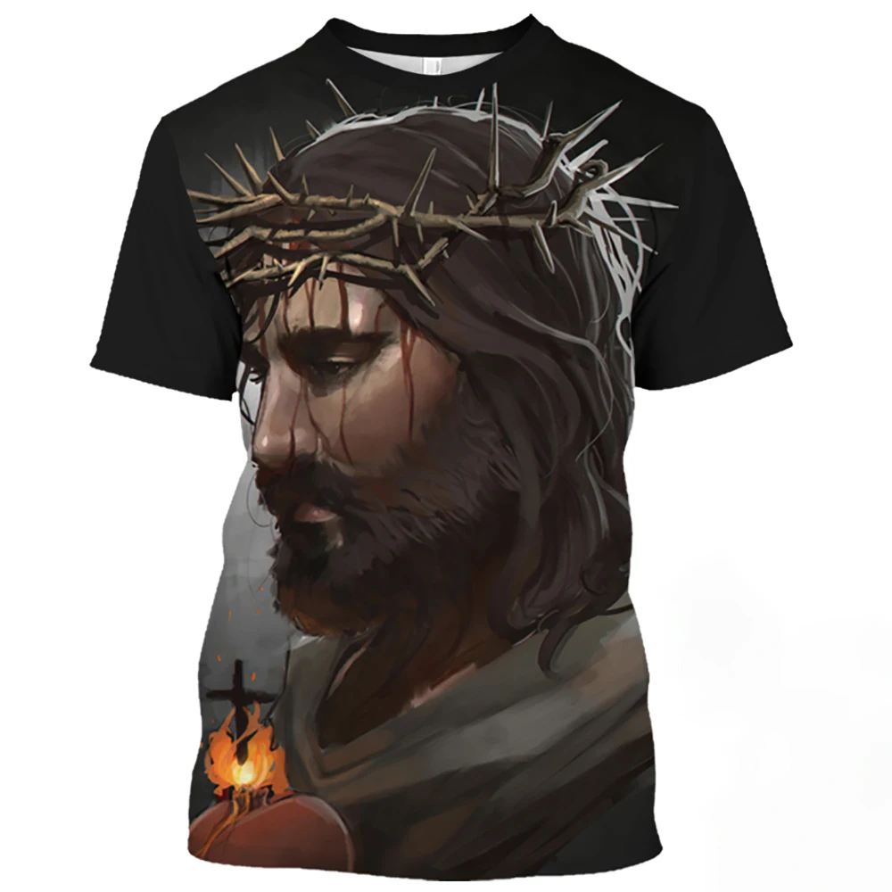 Men Jesus Christ Pattern T Shirt For Casual Loose O-Neck Oversized Short Sleeve Catholicism Print Quick-Drying Men's T-shirts