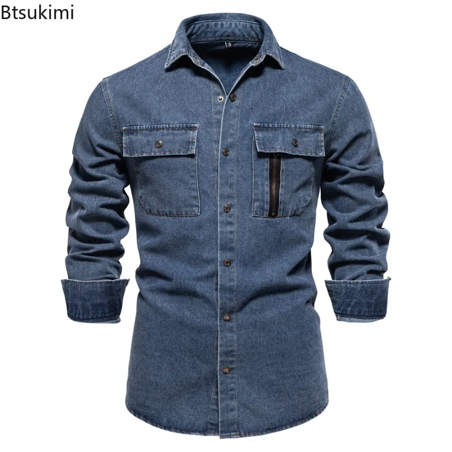 

Spring Autumn Men's 100% Cotton Denim Shirts Quality Solid Long Sleeve Lapel Button-up Shirt Coats Men Fashion Casual Jean Shirt