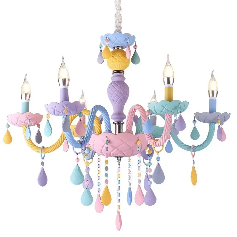 

SANDYHA Modern Crystal Lamp Multi Head Chandelier Rainbow Macaron Pendant Light for Children Bedroom European Creative