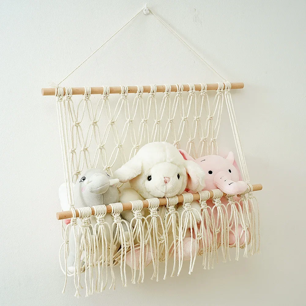 Hamaca nórdica tejida a mano de cuerda de algodón, macramé, muñeca de juguete, almacenamiento de libros, colgante para guardería, sala de juegos, decoración de dormitorio, estante de pared