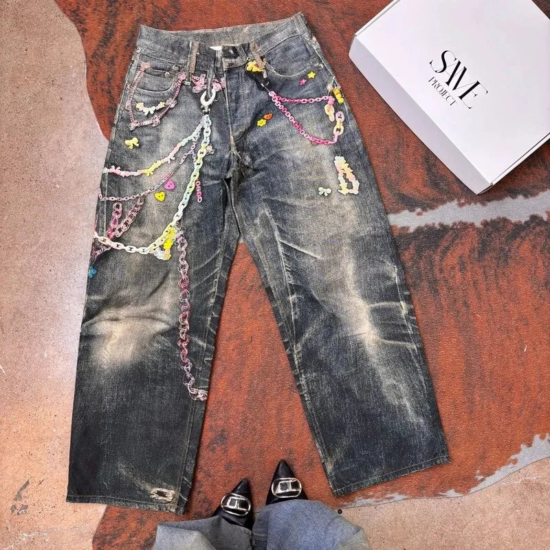 

Fashionable Candy Chain Denim Jeans for Men And Women Spring Summer Slimming Dopaamine Style Casual Cotton Denim Pants