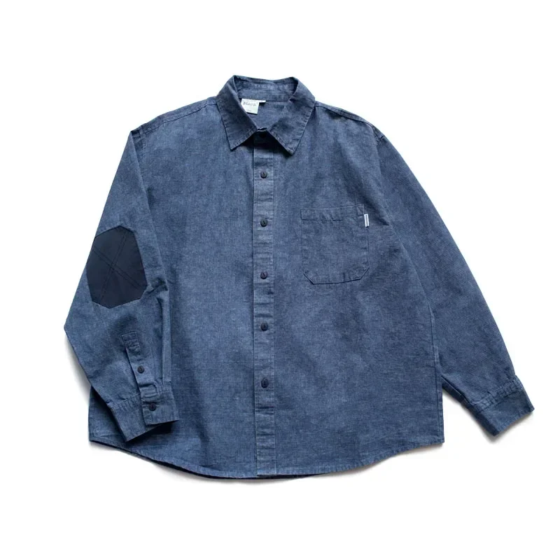 Japanese Small Checker Washed Distress Men's Loose Patch Long Sleeve Denim Shirt Coat for Men and Women
