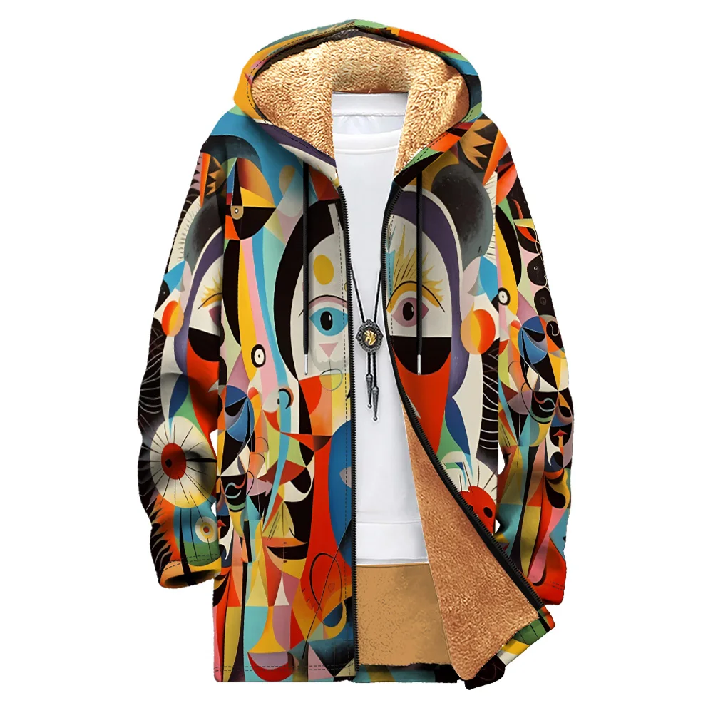 Chaqueta acolchada de algodón con estampado de plumas para hombre, abrigos de plumón, estilo de cara abstracta, graffiti, cremallera de bolsillo, ropa de invierno, nuevo