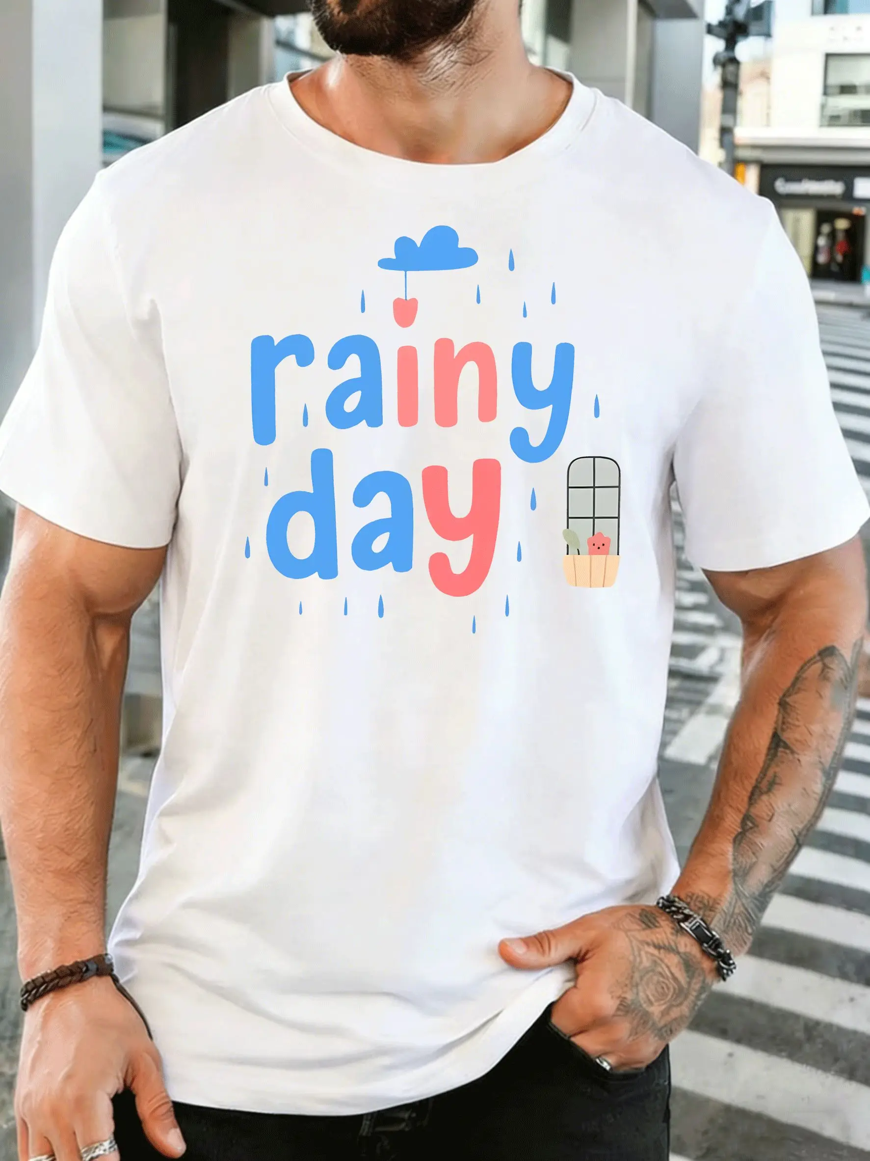 Men O Neck Short Sleeve T Shirt Rainy Day Cloud Rain Drop Window Potted Plant Print Summer Soft Loose Casual Tee Tops For Guys