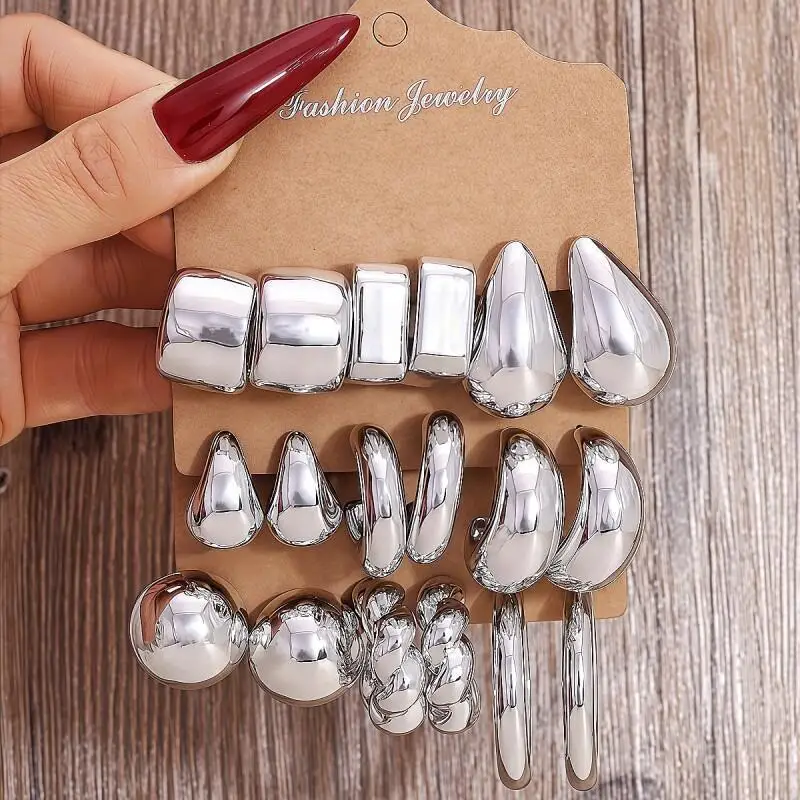3/9 Pairs Women C-Shaped Twisted Teardrop Earrings Set, Golden Silvery, Stylish Stackable Earrings for Daily Wear and Parties