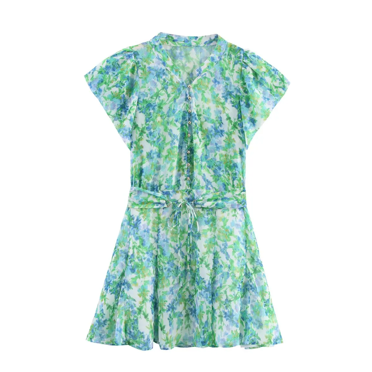 

BM&MD&ZA Womens Elegant Sweet VNeck ShortSleeved Chiffon Printed Mini Dress with Belt Decoration