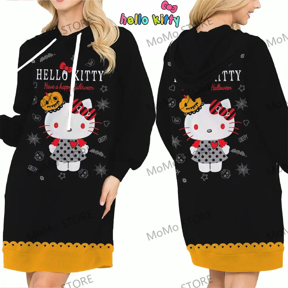 Autumn Anime Women\'s Hoodie Dress Hello Kitty Sweatshirt 2024 Kawaii Sweatshirts Y2k Long Sleeve Hoodies Winter Streetwear S-3XL