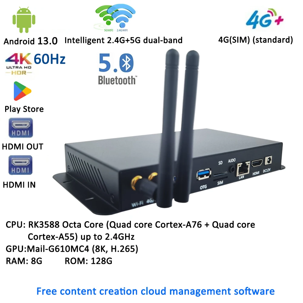 RK3588 RK3566 RK3576 Metalen behuizing Android 4K UHD HD-MI 4G GPS-module met 4+64G breedbandnetwerk CMS Digital Signage mediaspeler