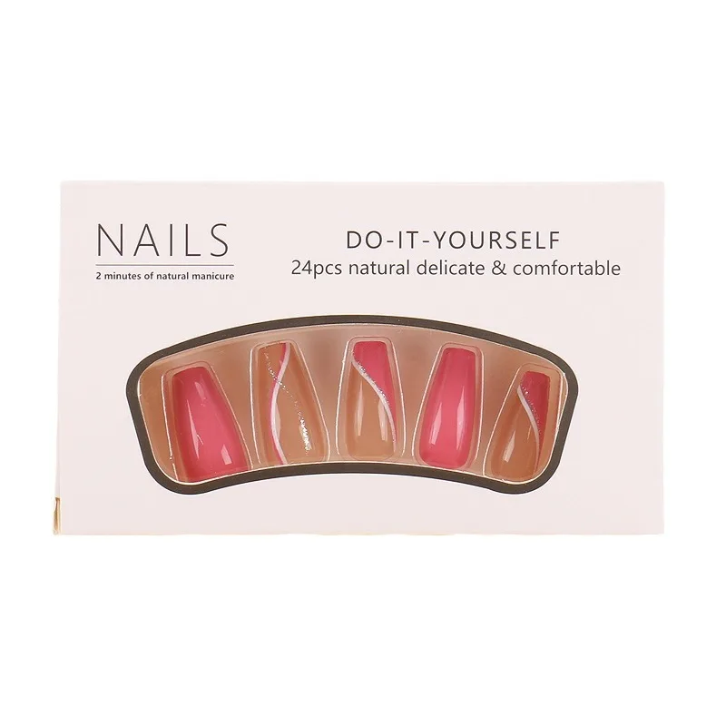 24pcs Rose Red Silver Powder Stripes Almond French Style Press on Nails Pink 3D Fake Nails Full Cover Wearable False Nails
