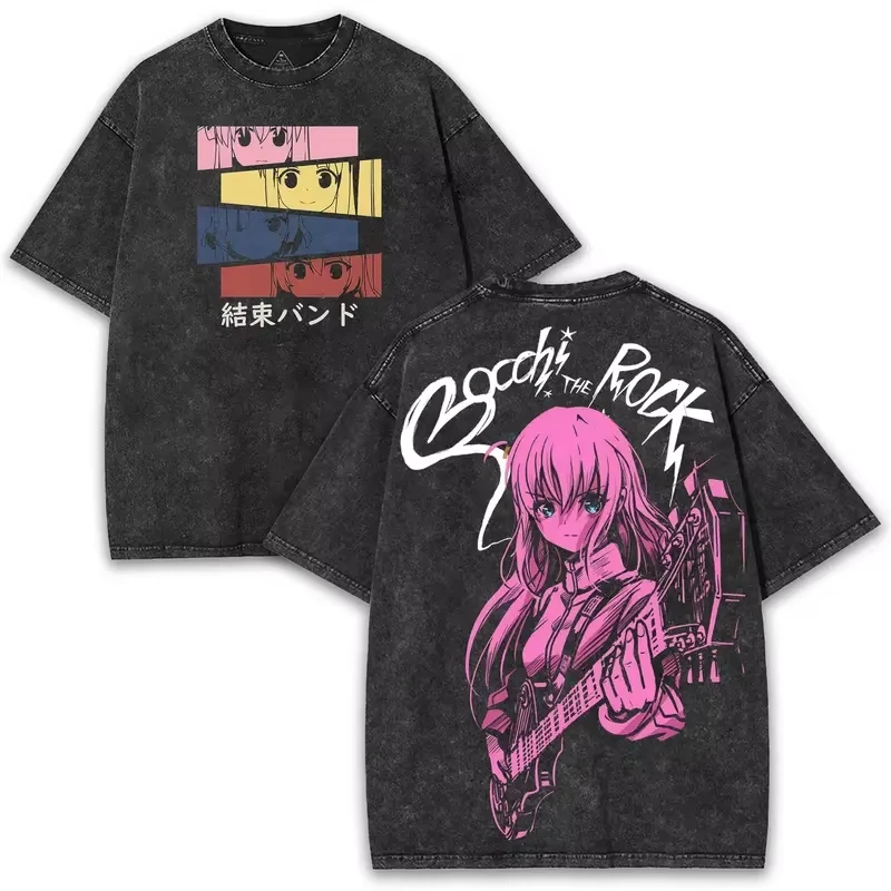 Vintage Washed Loose Short Sleeve T-Shirt For Men And Women With Anime Bocchi The Rock Character Goto Hitori Graphic T-shirt
