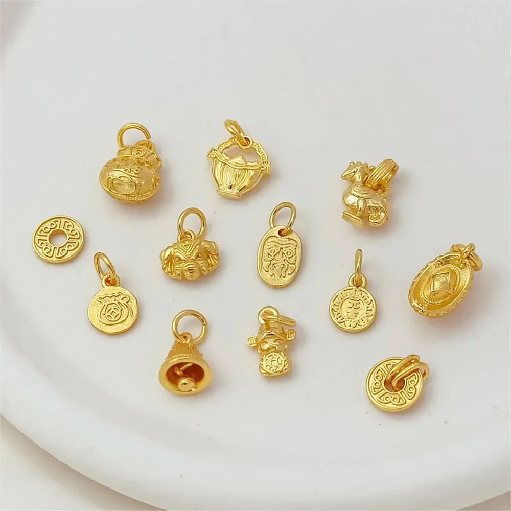 Petit éléphant plaqué or 24 carats, sac d'argent rond avec personnage «Fu», lingot, cloche de Fortune, petite goutte coulissante, pendentif de bijoux à faire soi-même