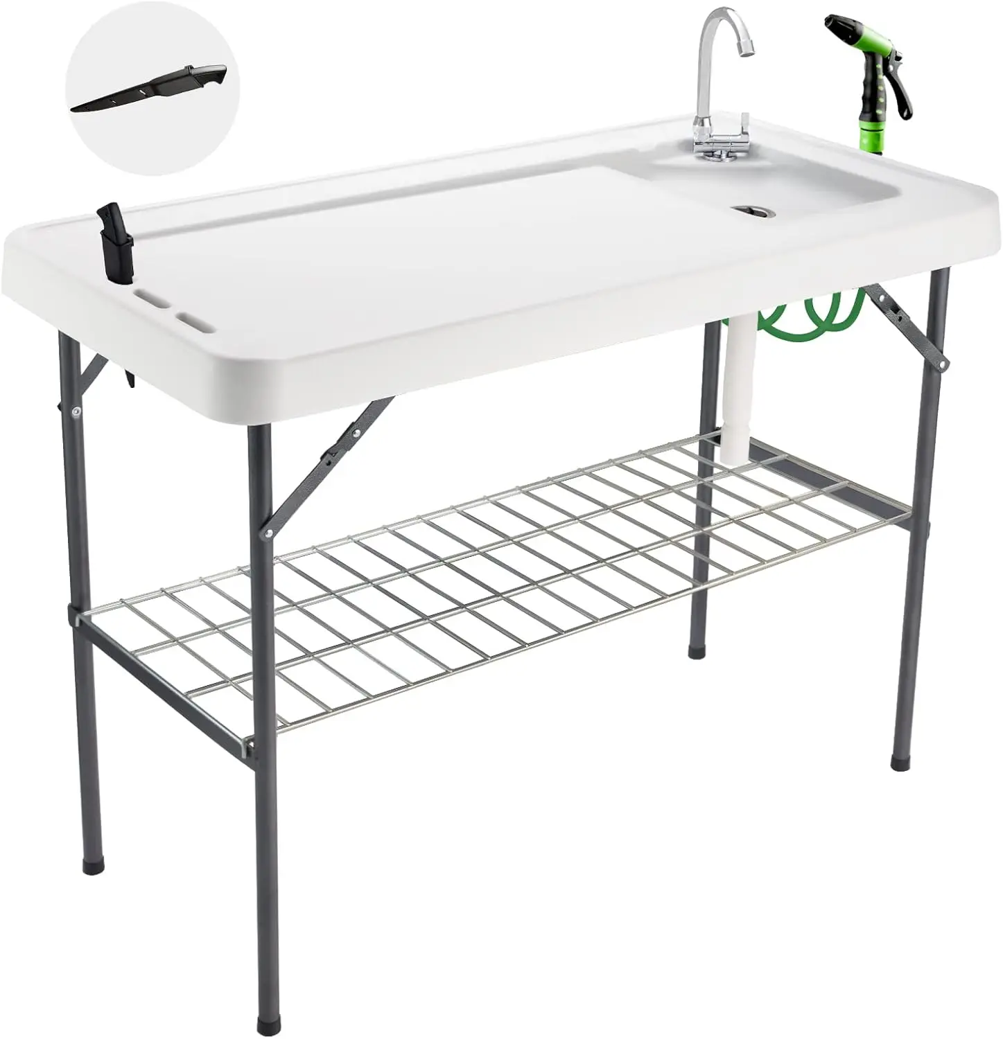 

Fish Cleaning Table Portable Camping Sink with Faucet Drainage Hose & Sprayer Outdoor Fillet Station Grid Rack Knife