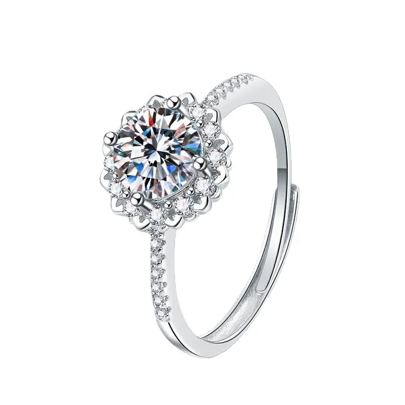 

S925 Sterling Silver 1 Carat Moissanite Ring for Women, Sunflower Design with Full Diamond Setting, Ideal Jewelry Gift for Propo