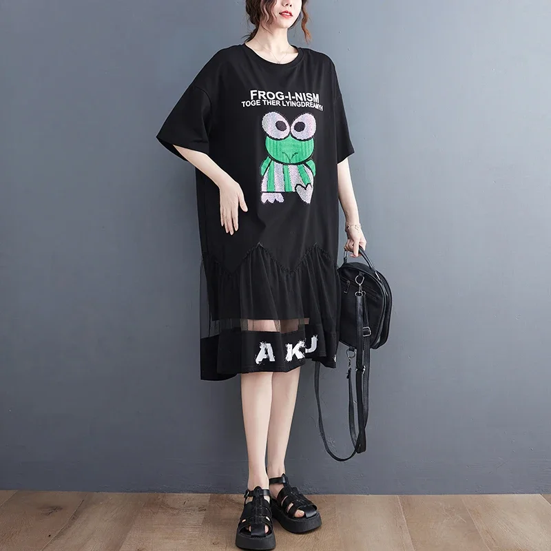 Summer New Loose Casual Printed Fashionable Splicing Mesh Black Personalized Midi Shirt Dress