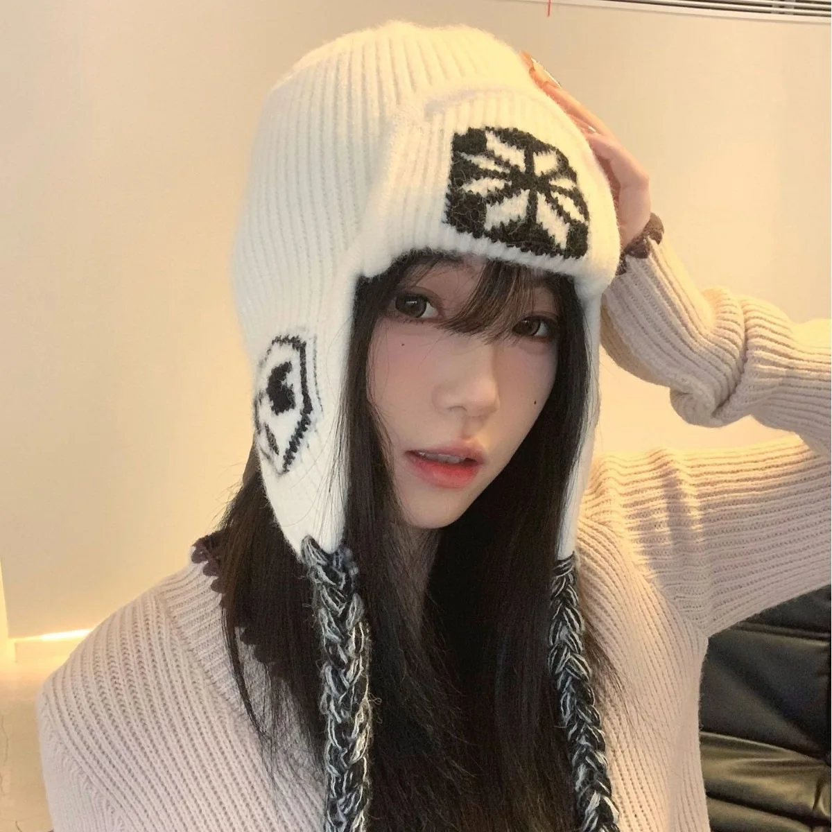 Women Winter Knitted Hat Snowflake Pattern Ear Flap Warm Cap Braided Tie Autumn Outdoor Skiing Stretchy Pilot Trapper Beanie Hat