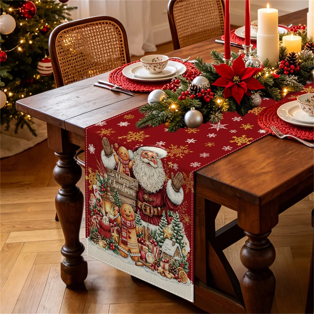 Merry Christmas Table Runner Snowflake Santa Claus Gingerbread Pattern Dresser Scarves for Holiday Farmhouse Home Decoration