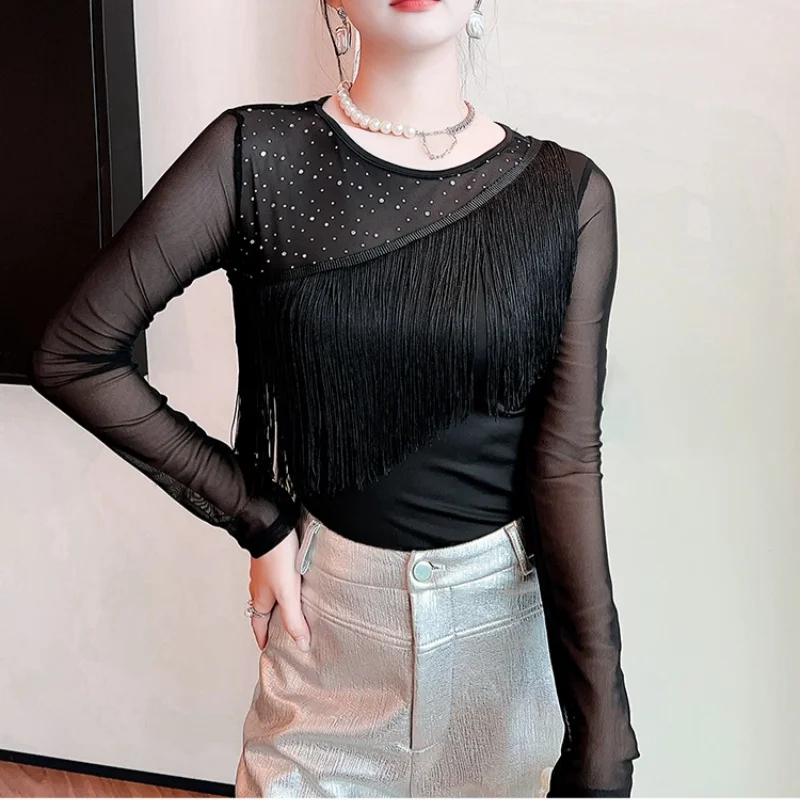 Spring Autumn New Fashion Diamond Tassel Mesh Splicing Tops Women's Round Neck Long Sleeve Slim Fit Black T-shirt