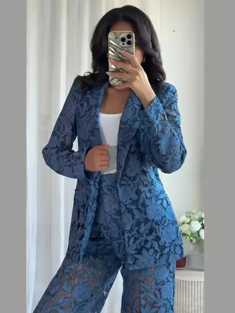 النساء الدانتيل السراويل 2 قطعة مجموعة موضة شير التلبيب كم طويل السترة السراويل المستقيمة 2025 أنيقة شيك تخفيف المرأة البدلة ﻿