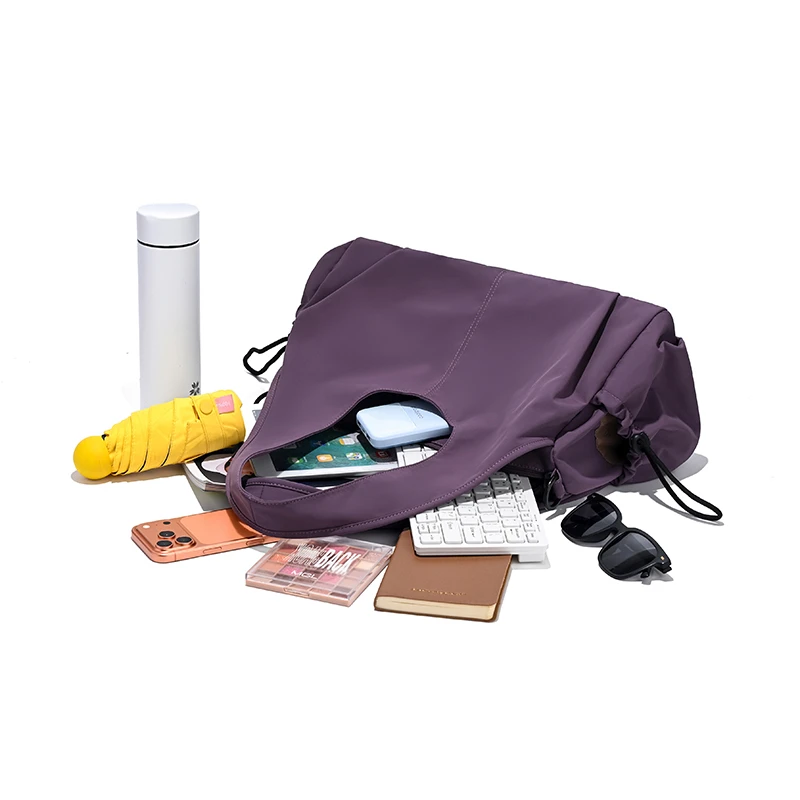 Women Large Capacity Gym Tote Bag Nylon Lightweight Fitness Shoulder Bag Drawstring Side Pocket Travel Workout Handbag