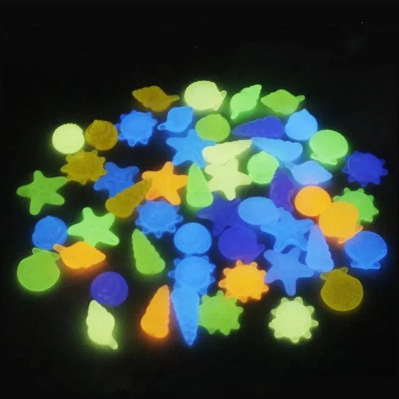 100PCS Luminous Stone Colorful Shells Starfish Conch Shaped Luminescent Stone Fluorescent Pebbles Fish Tank Aquarium Decorations