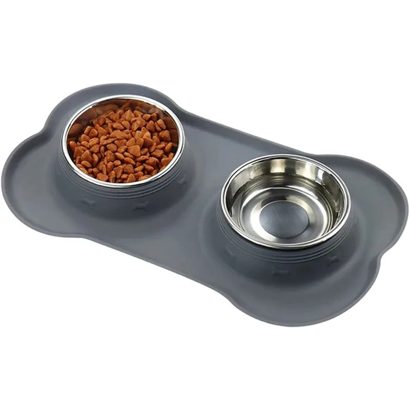 Antislip Double Dog Bowl with Silicone Mat Durable Stainless Steel Water Food Feeder Water Bottle Dog Water Bottle Pet Supplies