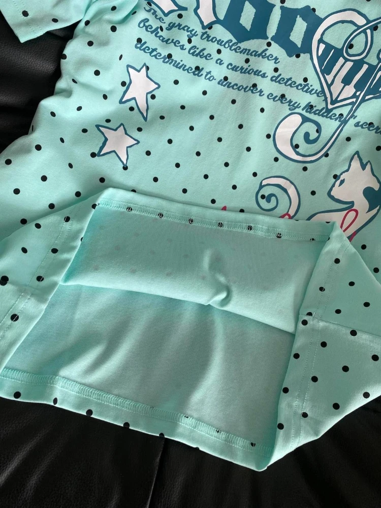 Polka Dot Cartoon Letter Printing Tshirts 2026 Summer Y2k Aesthetic Mint Green Casual Tops Harajuku Women Grunge Vintage T-shirt