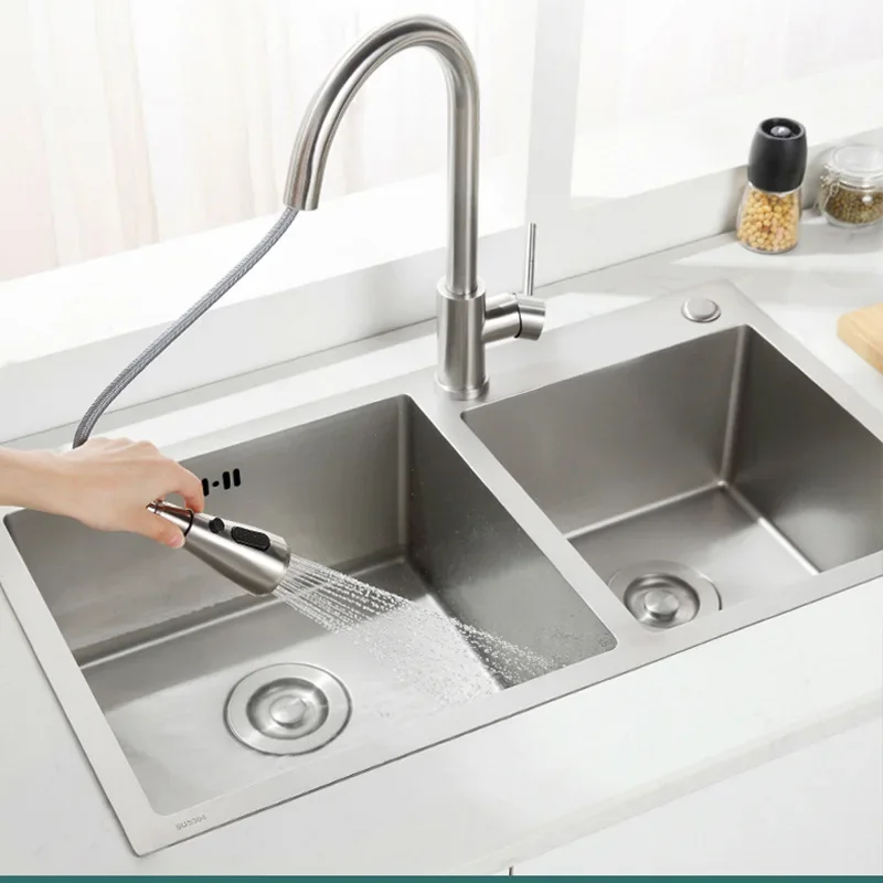 Kitchen sink dual-slot SUS304 stainless steel hand-thickened sink set-up/down sink for washing hands and washing dishes.