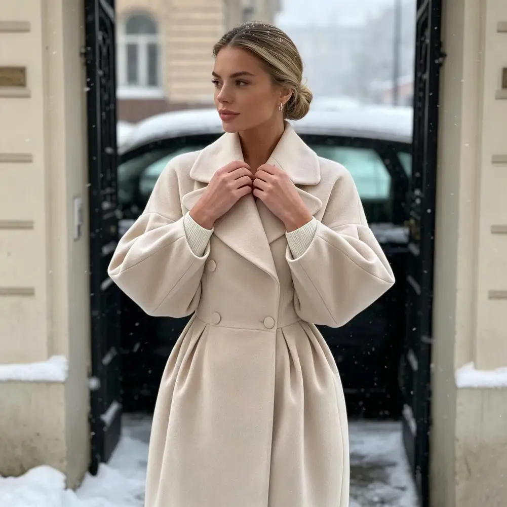 Notch Lapel Coat Women Long Wool Coat for Fall Winter Lantern Sleeve Overcoat with Notch Lapel Double Breasted Trench Coat