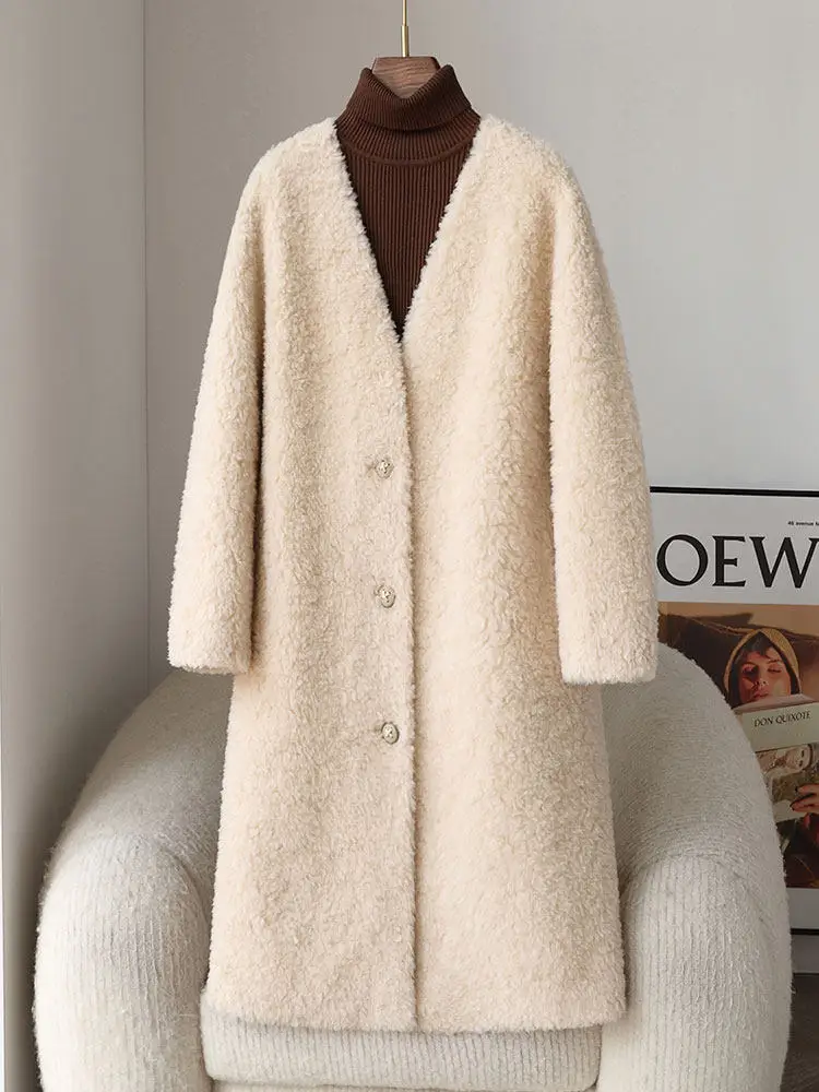 

Пальто из овечьей шерсти в корейском стиле Lazy Wind, женское, средней длины, новинка зимы 2025, с V-образным вырезом, с меховой отделкой