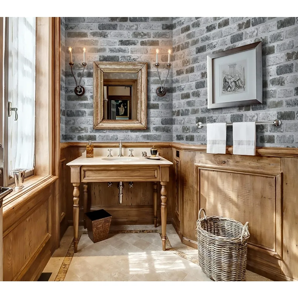 ورق جدران قابل للتقشير واللصق ثلاثي الأبعاد من الطوب الرمادي - ورق اتصال ذاتي اللصق على الطراز العتيق لسهولة تزيين الجدران