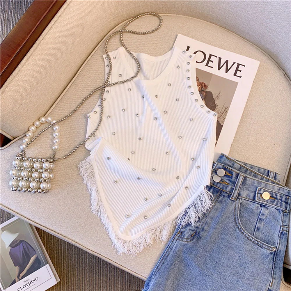 Fashion Sleeveless T Shirt Round Neck Rhienstone Diamonds Tassel Slim Knitted Tank Tops Women Vest 2023 Summer New Tee Knit Wear