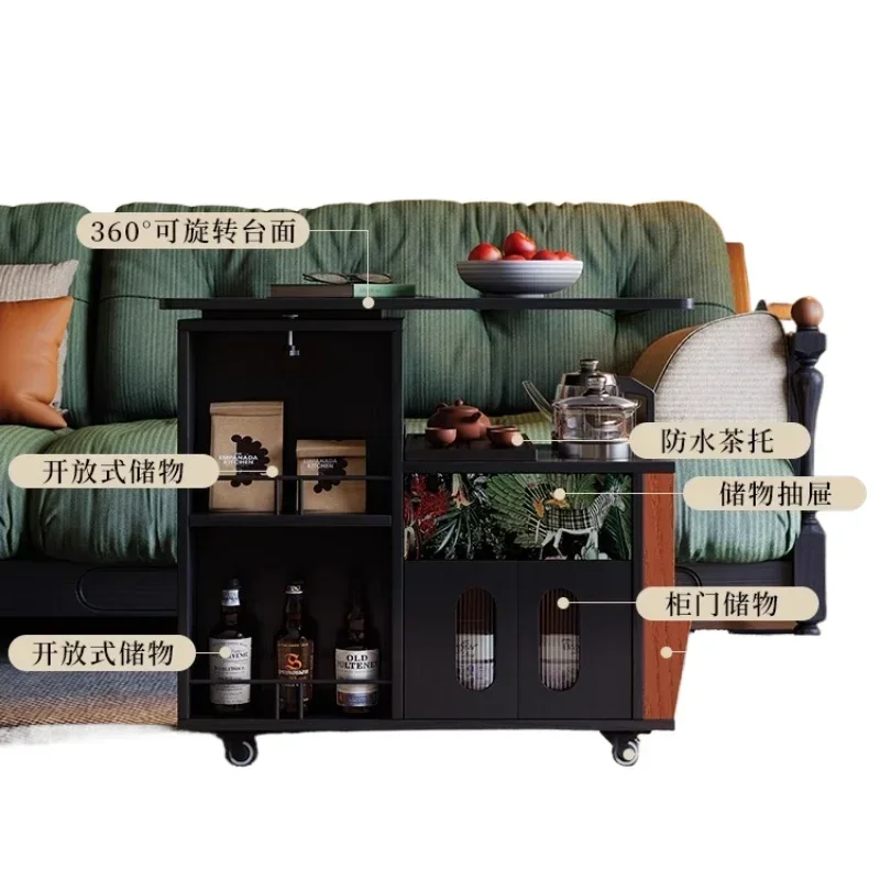 Solid wood tea cabinet French retro living room trolley movable sofa side cabinet Chinese antique coffee table