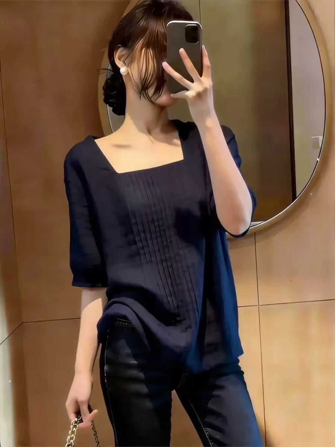 

Summer Fashionable Loose Short Sleeve Shirt Women's Square Collar Top Versatile Stylish Commute Style Korean Version Casual Wear