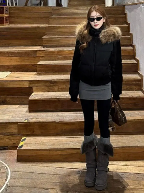 

Корейская короткая хлопковая куртка с капюшоном, черная, милая и мягкая, модная зимняя верхняя одежда для невысоких, для повседневной носки