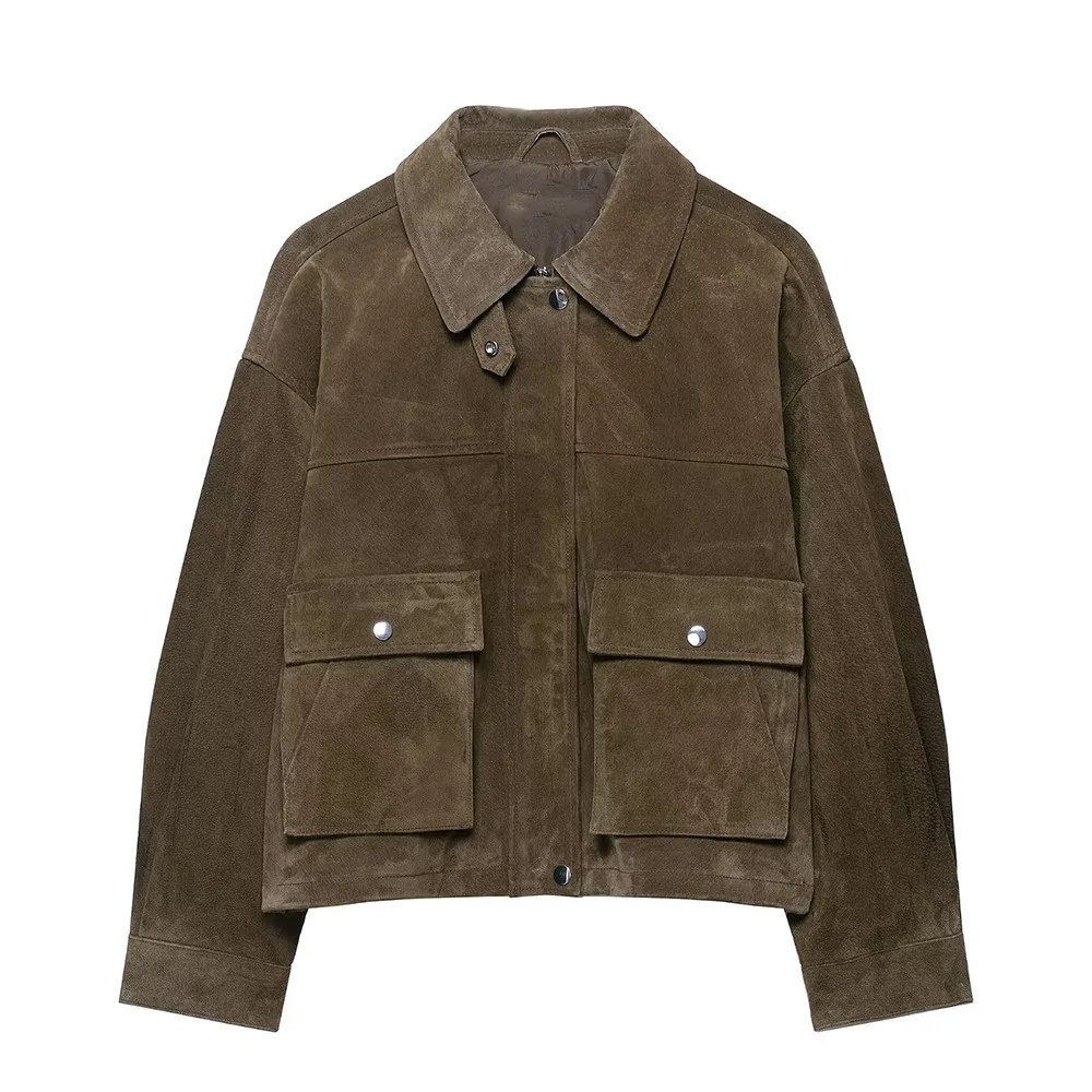 

Woman's Cropped Bomber Jacket Retro Loose Lapel Zipper Placket Solid Color Jacket Casual Simple Commuting Early Autumn Coat