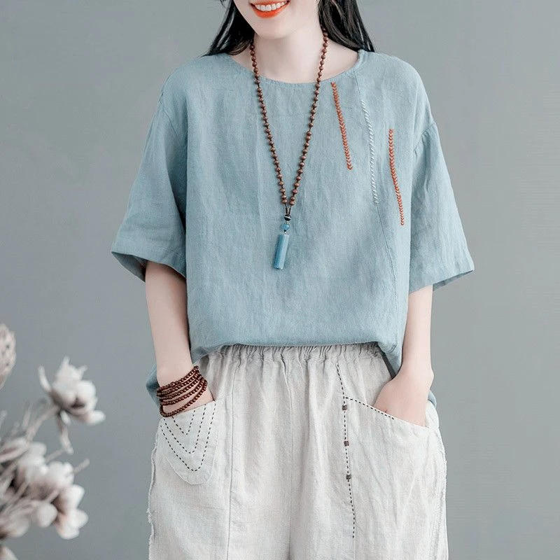 القطن الكتان تي شيرت المرأة موضة التطريز تنفس تي شيرت عادية فضفاضة قصيرة الأكمام Top الاتجاه الصيف رقيقة التي شيرت #5