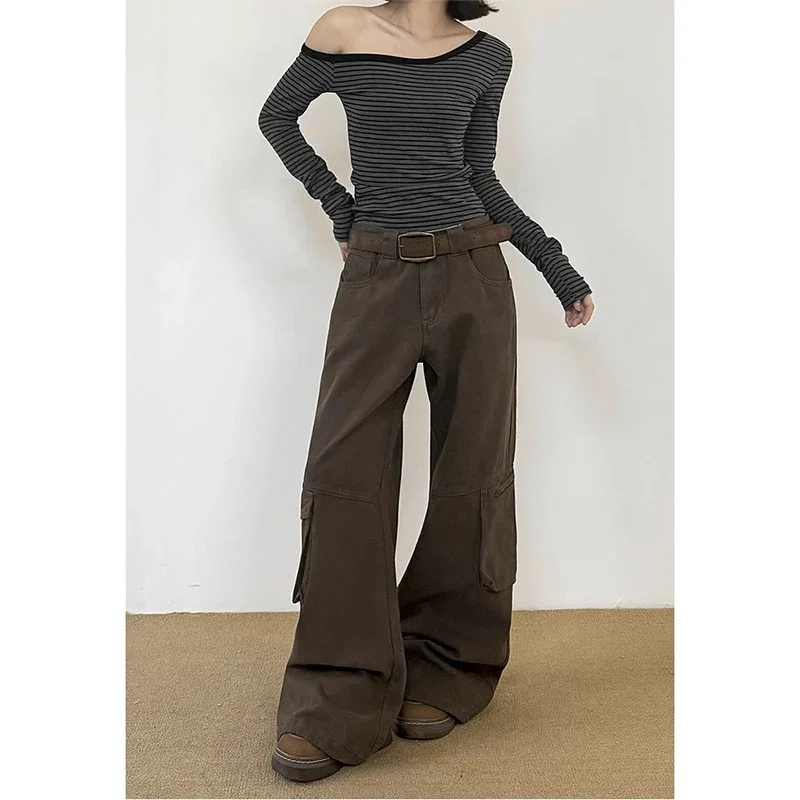 

Женские винтажные коричневые джинсы с высокой талией, уличная одежда, прямые джинсовые брюки Y2K 90-х годов, хип-хоп, американские ретро широкие классические брюки