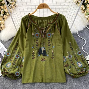 Frauen Frühling Bluse Ethnischer Stil Retro Literatur Lose Stickerei Baumwollwäsche um den Hals Pullover Casual Hemd Top D3549 9 Hauptverkaufsblusen Volk - №2