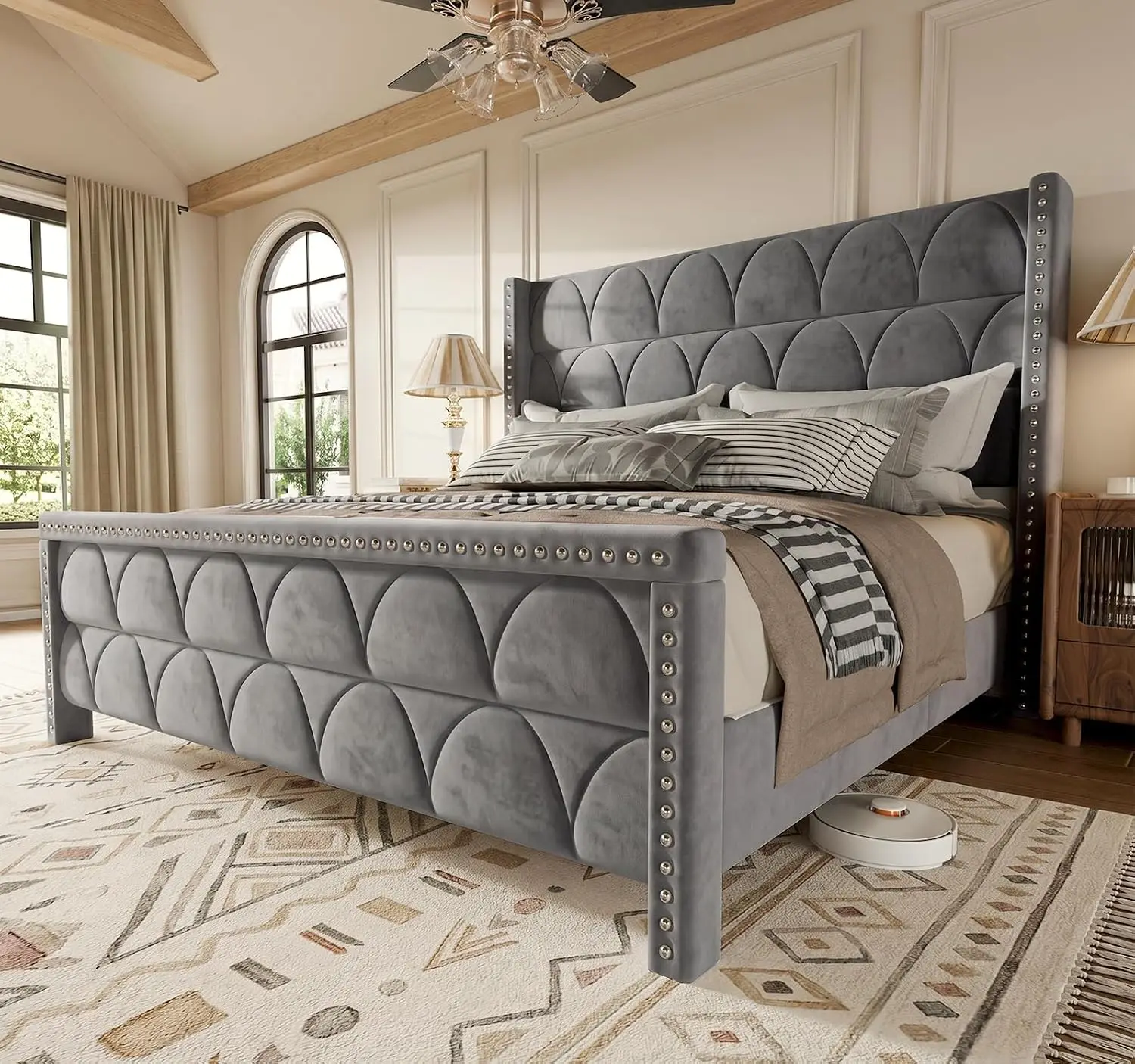 Velvet Wingback King Bed Frame 56