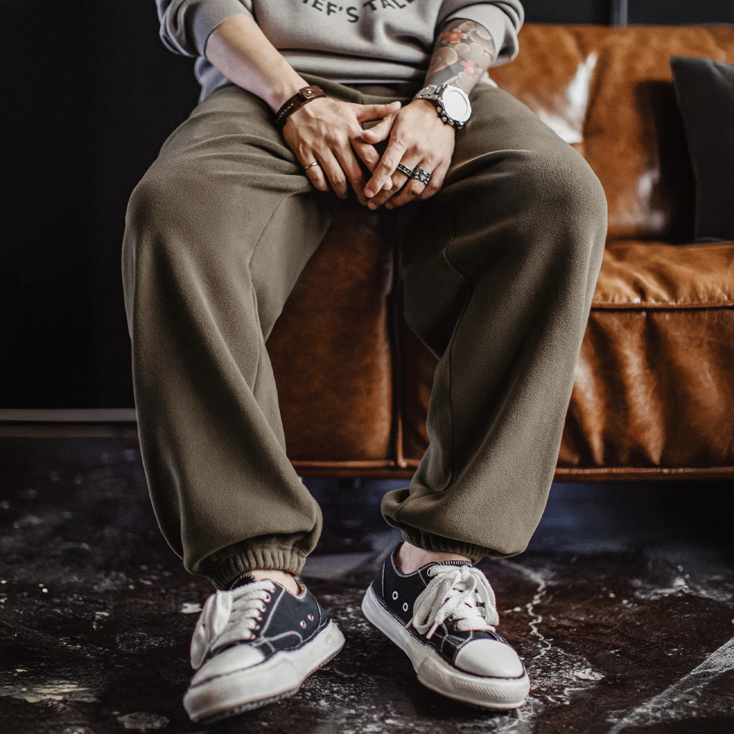 Maden الرجال نحى الصوف Sweatpants خمر الزيتون الأخضر الحراري السراويل مرونة الخصر مكبل سراويل تقليدية لخريف شتاء