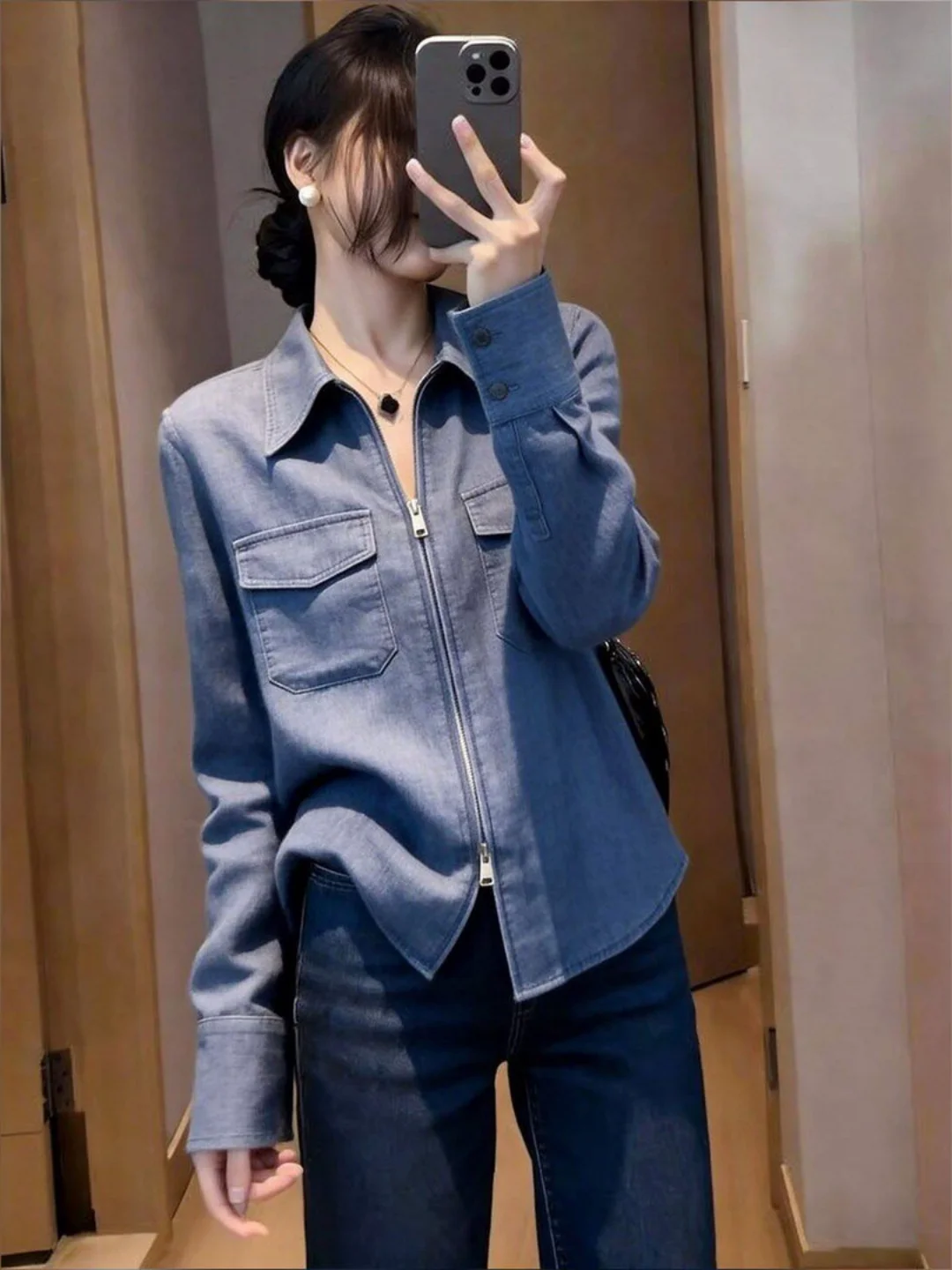 Blue Casual Loose Slimming Long Sleeve Double Zipper Open Cardigan Style Shirt for Women Spring Fashion Versatile Top