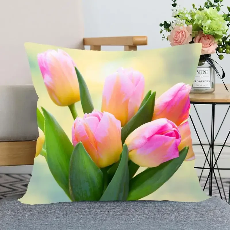 Tulip Flower Pillowcase Bedroom Home Office Decorative  Square