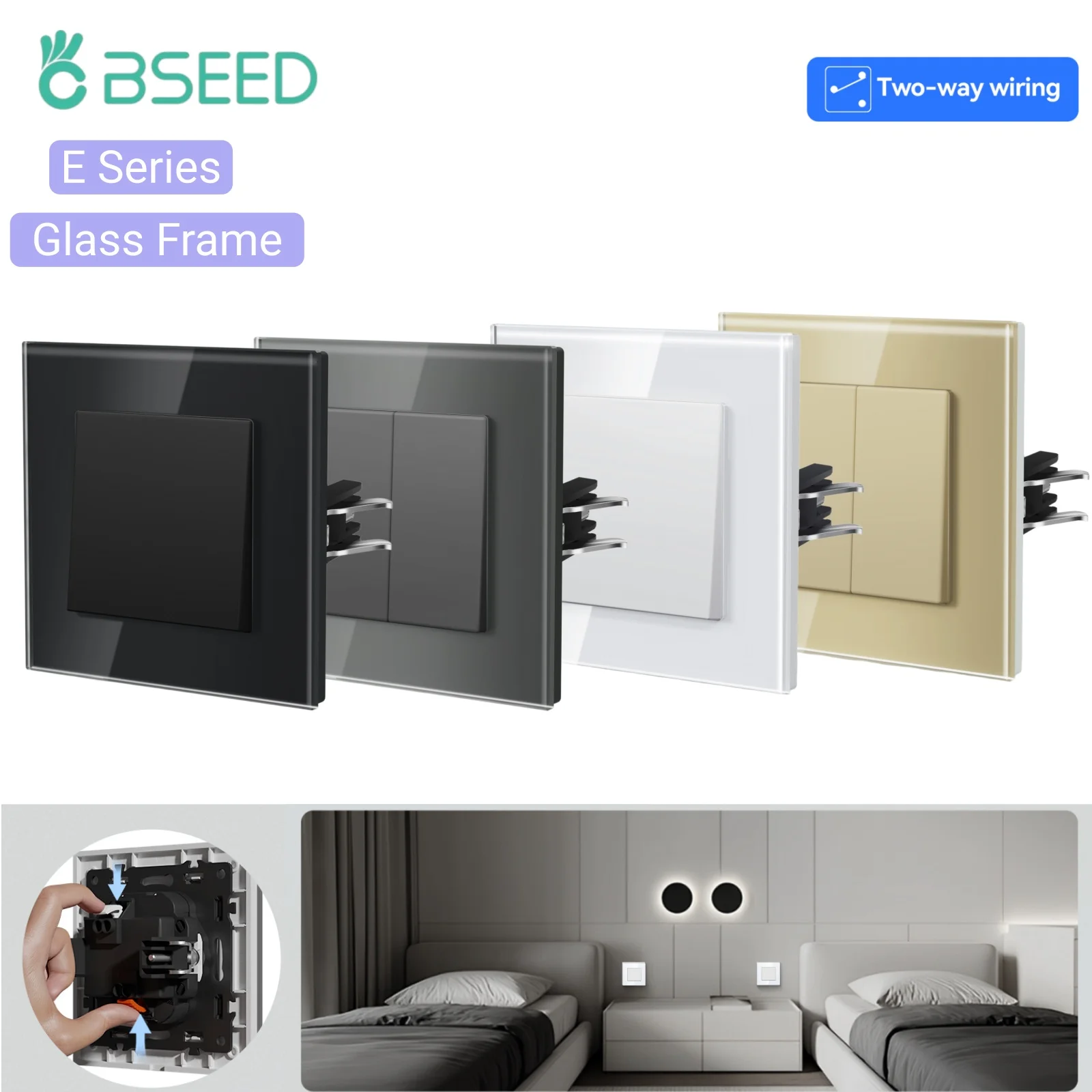 

BSEED Mechanical Button Light Switch E-Series 1Gang/2Gang 2Way Glass Frame Wall Light Switch On Off For Stairs Hallway Corridor
