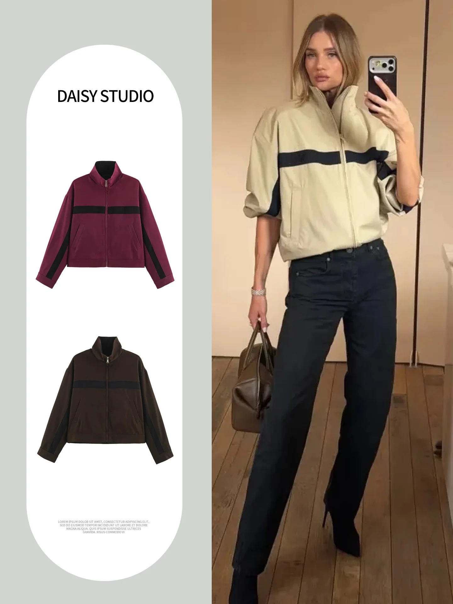 Fall New Arrival Women's Commute Style Loose Stand Collar Long Sleeve Zipper Color Block Short Jacket Outerwear Polyester Fiber