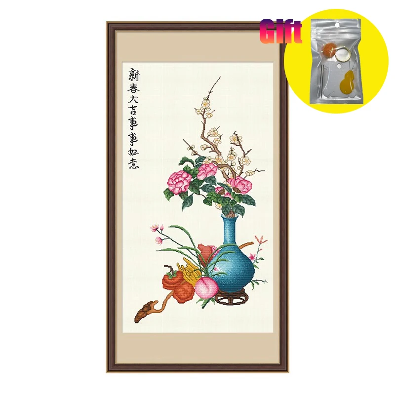 Chinese Classical Cross Stitch Kit, Printed Canvas Screen Decoration, Painting of Camellia Vase, DIY Needle Embroidery Kit