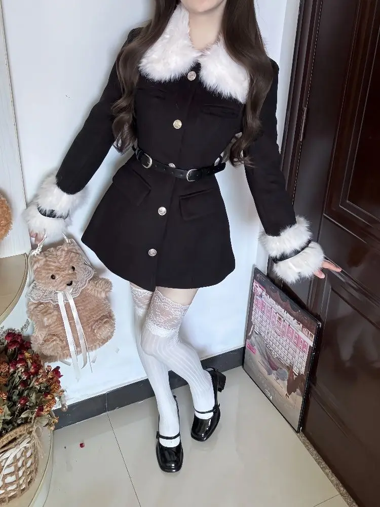 冬用厚手韓国ファッションレディースウィンドブレーカー黒毛皮襟スリムフレンチエレガントシックトレンチコート婦人服2025
